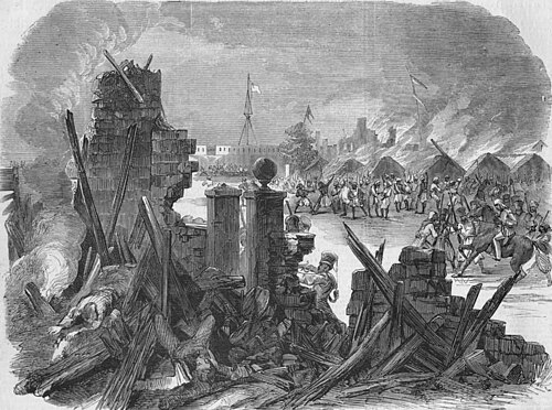 19th-century illustration of sepoys revolting at Meerut in 1857