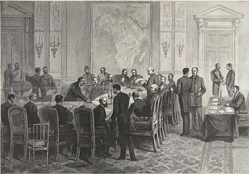 Engraving of European leaders seated around a table at the 1884 Berlin Conference