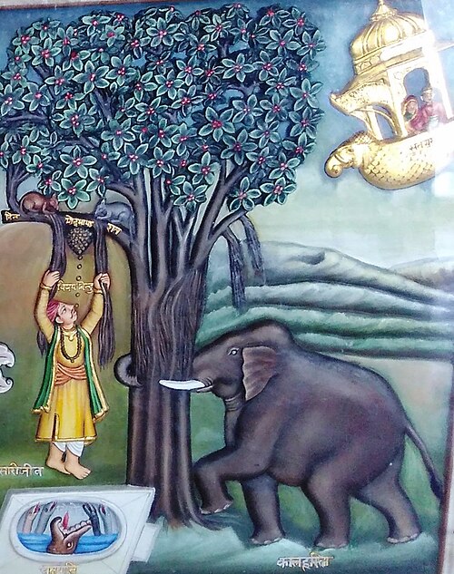 Traditional painting of a man clinging to a tree over a pit with an elephant approaching