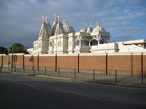 The white-domed exterior of the Neasden Hindu temple in London
