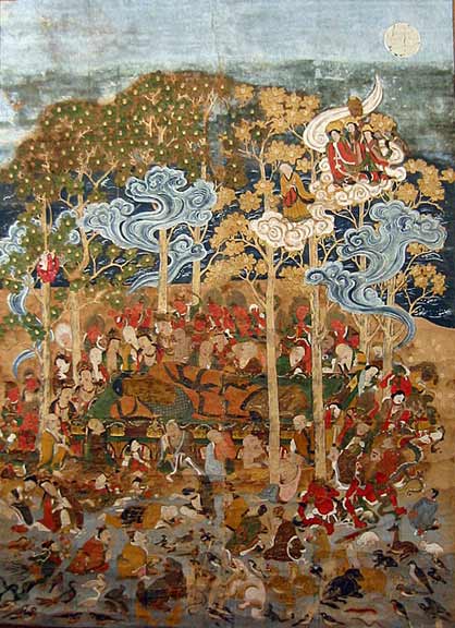Painting of the Buddha lying on his side at the moment of his death (parinirvana)