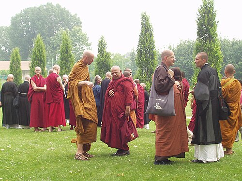 A group of Buddhist monks in saffron robes gathered together
