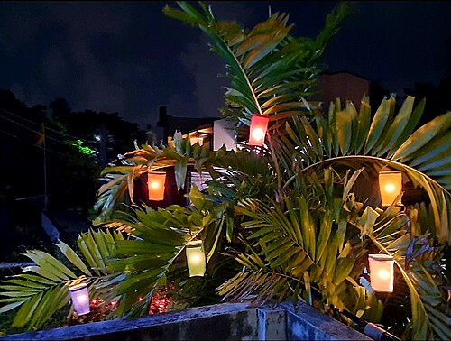 Colourful paper lanterns lit up at night for the Vesak festival